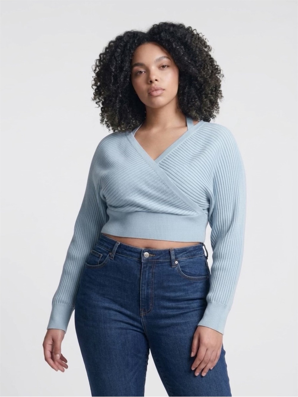 Forever 21 Light Blue Ribbed Wrap V-Neck Cropped Sweater